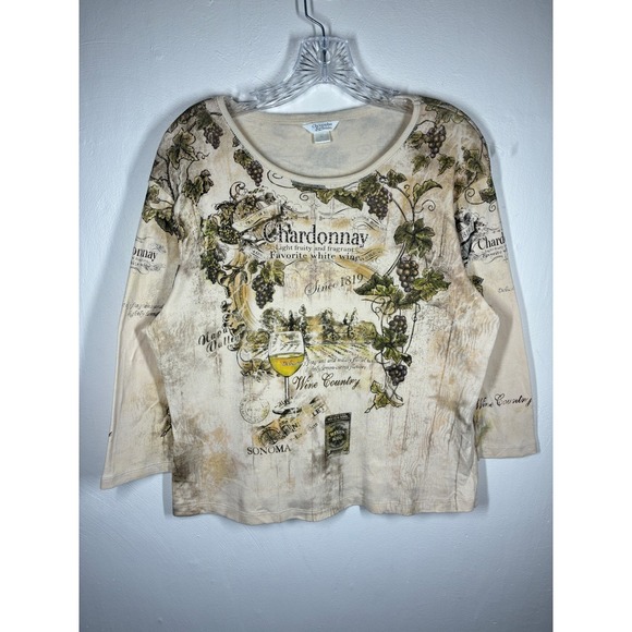 Vintage Tops - Vintage 90s Y2K Allover Graphic Print Chardonnay Wine Country Shirt Top XL Fairy